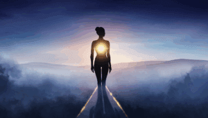 Una silueta humana de pie en un paisaje etéreo y brumoso al amanecer. Una luz suave y dorada emana de su pecho, proyectándose hacia un camino sutilmente visible. El ambiente es sereno, introspectivo, con tonos azules y púrpuras que se mezclan con el dorado de la luz.