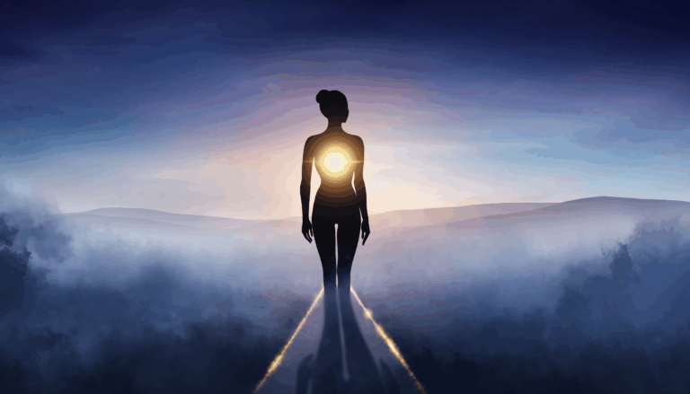 Una silueta humana de pie en un paisaje etéreo y brumoso al amanecer. Una luz suave y dorada emana de su pecho, proyectándose hacia un camino sutilmente visible. El ambiente es sereno, introspectivo, con tonos azules y púrpuras que se mezclan con el dorado de la luz.